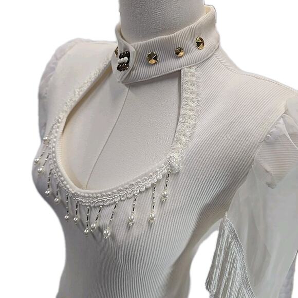 Vtg Joy USA White Ribbed Bodycon Dress Sz M Fringe Beaded Collar Dolly Parton - Picture 3 of 9